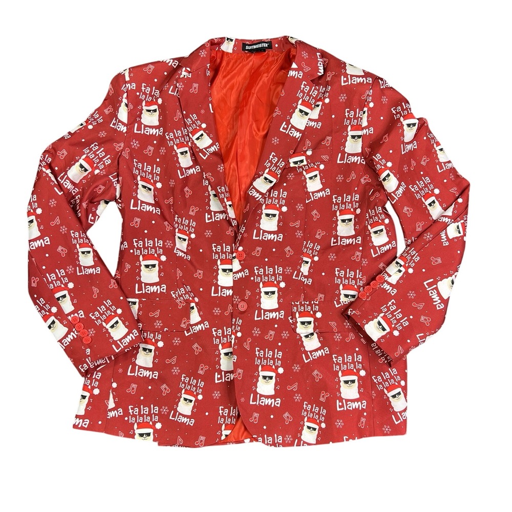 Suitmeister Christmas‎ Blazer Men's XL Red Fa La La Llama Ugly Xmas Party Jacket
